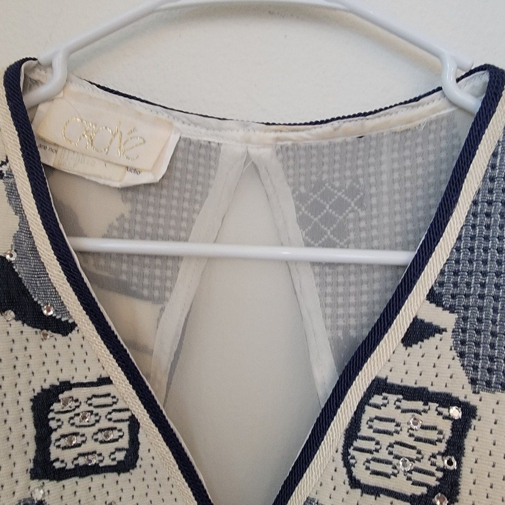 Cache Vintage Tapestry Vest Jumpsuit One Piece 80S Rhinestone Studded Mesh Panel - Picture 5 of 16